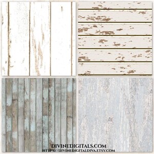 May include: Four digital wood textures in a square format. The textures include white, distressed white with brown accents, weathered blue-gray, and light gray with a distressed appearance. The website address DIVINEDIGITALS.COM is at the bottom.