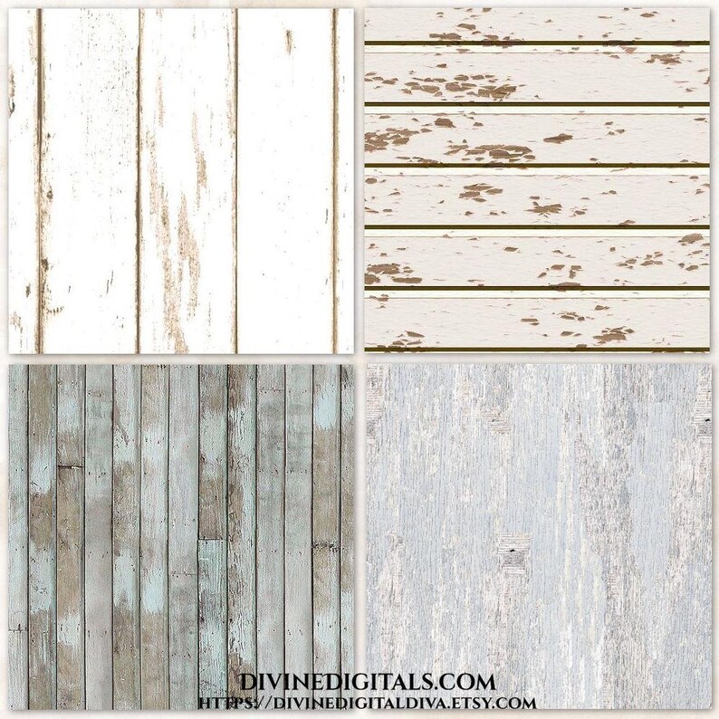 May include: Four digital wood textures in a square format. The textures include white, distressed white with brown accents, weathered blue-gray, and light gray with a distressed appearance. The website address DIVINEDIGITALS.COM is at the bottom.
