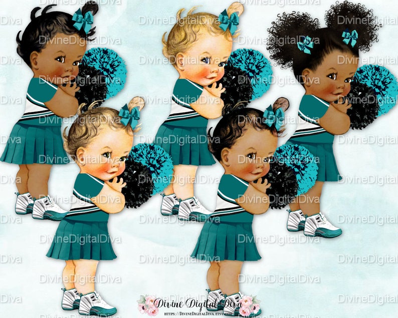 Vintage Baby Girl 3 Skin Tones Afro Puffs Teal Black White Cheerleader Pom Poms Sneakers Football Clipart Instant Download