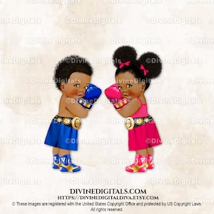 Boxer Royal Blue Hot Pink Gold Champ | Baby Boy Girl Dark Skin Tone African American Puffs | Gender Reveal Twins | Clipart Instant Download