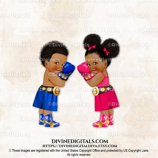 Boxer Royal Blue Hot Pink Gold Champ | Baby Boy Girl Dark Skin Tone African American Puffs | Gender Reveal Twins | Clipart Instant Download