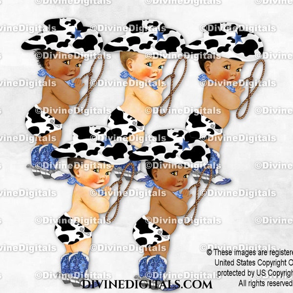 Little Cowboy Cow Print Pattern & Blue Bandana Diaper Hat Boots Scarf Lasso | Baby Boy 3 Skin Tones | Clipart Instant Download