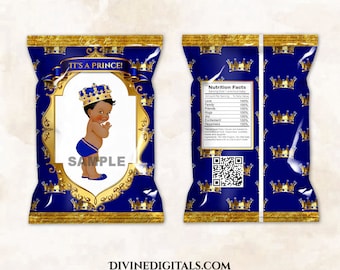 Printable Chip Bags Little Prince Royal Blue & Gold Dark Tone Baby Boy Shower | Digital Instant Download