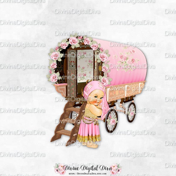Gypsy & Wagon Pink Gold Roses Skirt Scarf Coins | Light Tone Baby Girl | Clipart Instant Download