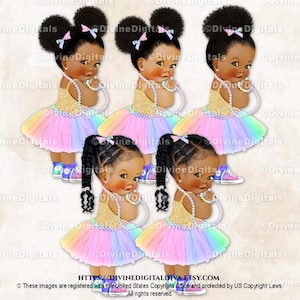 Princess Pastel Rainbow Tutu Sneakers Gold Shirt Pearls Baby Girl Babies of Color Clipart
