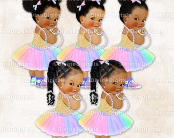 Principessa Pastello Arcobaleno Tutu Sneakers Oro Maglietta Perle Bambina Bambini di Colore Clipart