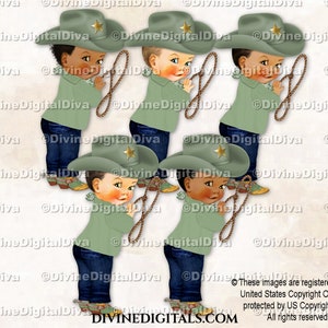 Little Cowboy Sage Groen Blauw Jeans Bandana Sjaal Hoed Laarzen Lasso | Babyjongen 3 huidskleuren | Clipart direct downloaden