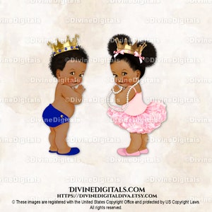 Der kleine Prinz & Prinzessin Ballerina Rosa Royal Blau Gold Krone | Baby Junge Mädchen Dunkler Ton | Geschlecht offenbaren Zwillinge | Clipart Sofort Download