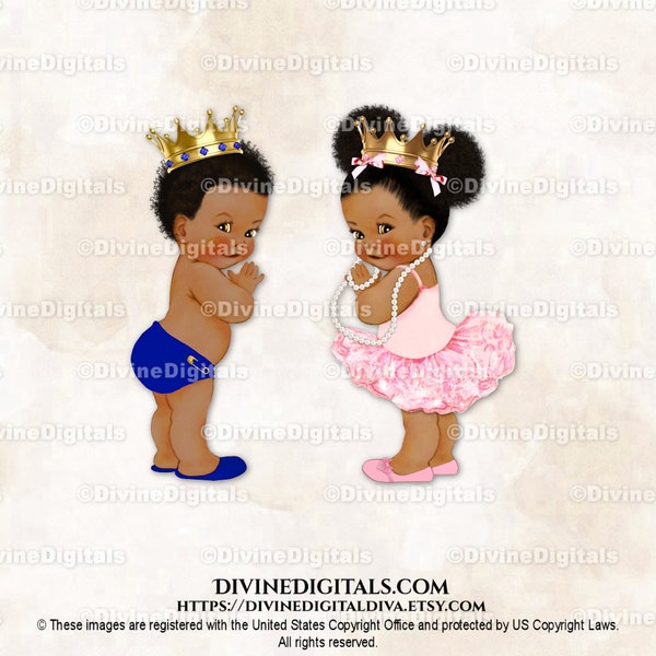 Little Prince & Princess Ballerina Pink Royal Blue Gold Crown | Baby Boy Girl Dark Tone  | Gender Reveal Twins | Clipart Instant Download