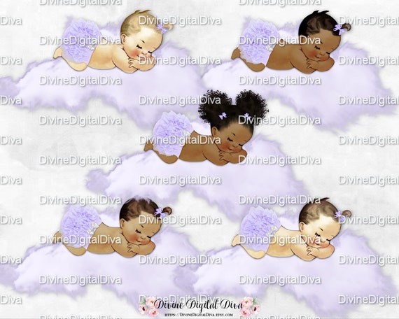 Sleeping Baby Girl Lavender Lace Ruffle Pants White Bow Diamond Bling Pacifier Clipart Instant Download 3 Skin Tones