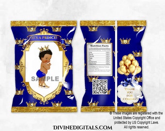 Printable Chip Bags Little Prince Royal Blue & Gold Sneaker | Baby Boy Dark Tone | African American Ethnic | Digital Instant Download