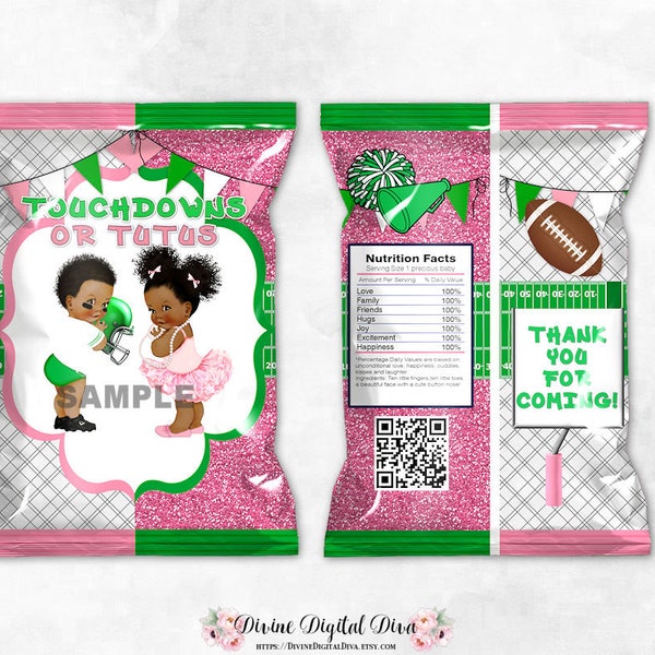 Chip Bag Touchdowns or Tutus Pink Green Ballerina Football | Dark Tone Baby Boy Girl Gender Reveal | Digital Instant Download