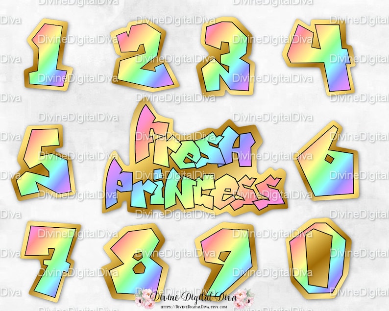 90/'s Hip Hop Instant Download PNG Digital Rainbow /& Gold Fresh Princess Numbers and Sign