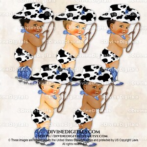 Little Cowboy Cow Print Pattern & Blue Bandana Diaper Hat Boots Scarf Lasso | Baby Boy 3 Skin Tones | Clipart Instant Download