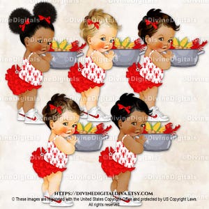 May include: Four digital illustrations of babies wearing red and white lobster print swimsuits and red ruffled skirts. Each baby is holding a pot of crawfish. The babies have different skin tones and hair colors.