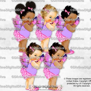 Vlinderprinses roze lavendel paarse vleugels | Babymeisje: 3 huidskleuren | Clipart direct downloaden