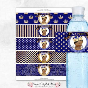 Water Bottle Labels Royal Blue & Gold Prince Ornate Crown | Baby Boy Dark Tone African American Ethnic | Digital Instant Download