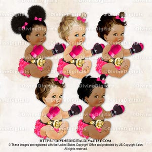 Boxer Hot Pink Gloves & Gold Championship Belt Boxing Champ | Sitting Baby Girl 3 Skin Tones | Clipart Instant Download