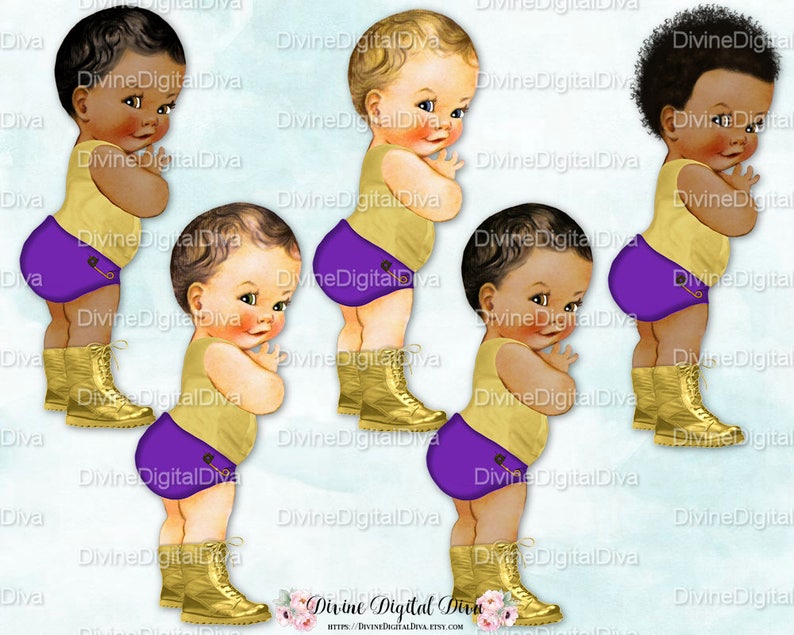 Baby Boy 3 Skin Tones Little Prince Purple Gold Combat Army Boots Diaper Clipart Instant Download
