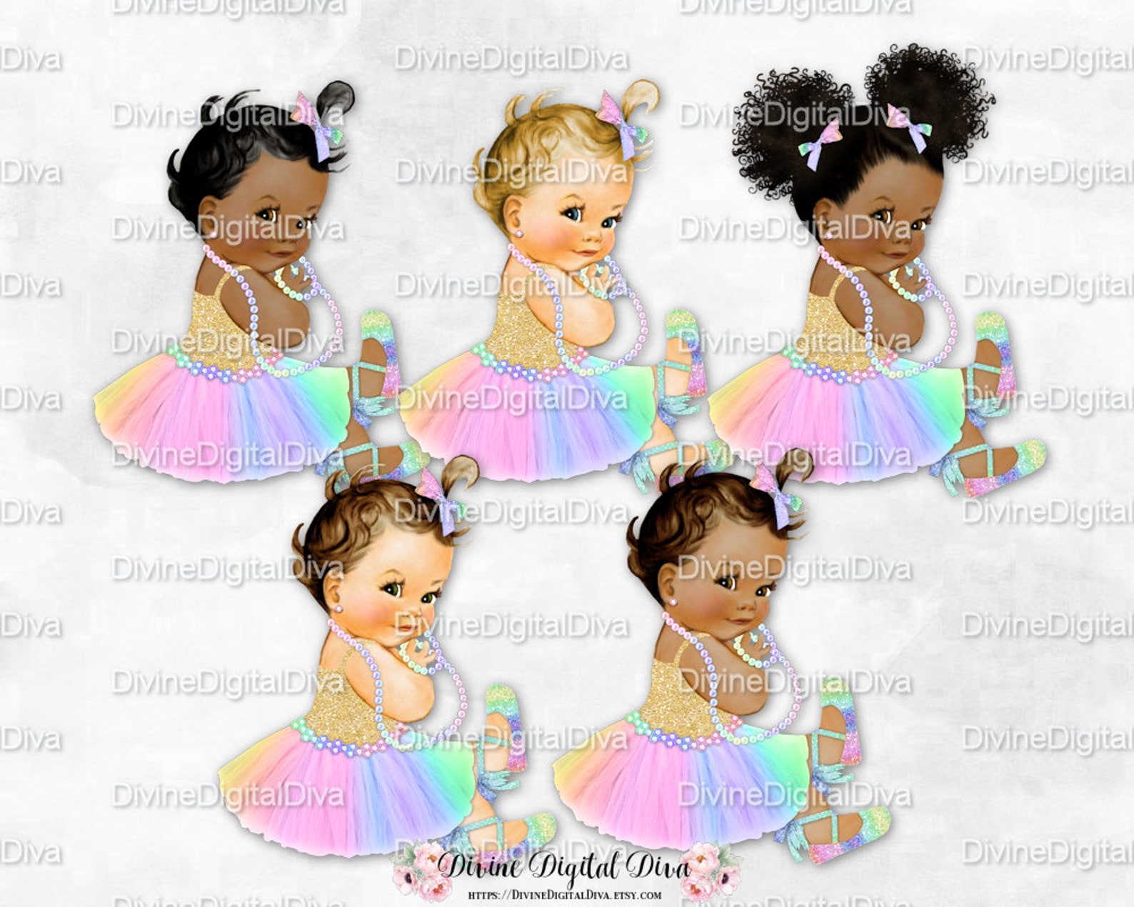 princess pastel rainbow tulle tutu ballet shoe gold shirt sitting | vintage baby girl afro puffs | clipart instant download