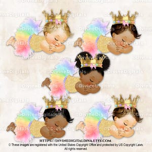 Princess Pastel Rainbow Tutu Gold Crown Shirt Gem Belt | Sleeping Baby Girl 3 Skin Tones | Clipart Instant Download