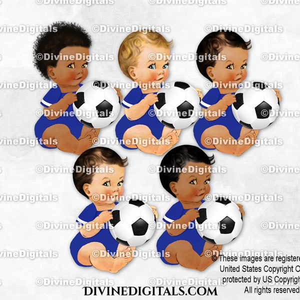 Little Prince Soccer Player Royal Blue Ball | Sitting Baby Boy 3 Skin Tones | Clipart Instant Download