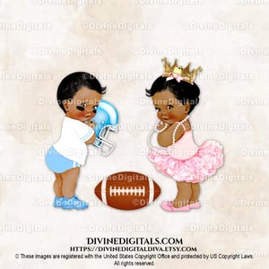 Touchdowns ou Tutus Futebol e Bailarina Azul Rosa Ouro Coroa | Bebê Menino Menina Tom Escuro | Revelação do Sexo dos Gêmeos | Clipart Download Instantâneo