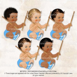 Little Prince Rock Star Drummer Drumsticks Lichtblauwe sneakers | Zittend jongetje 3 huidskleuren | Clipart direct downloaden