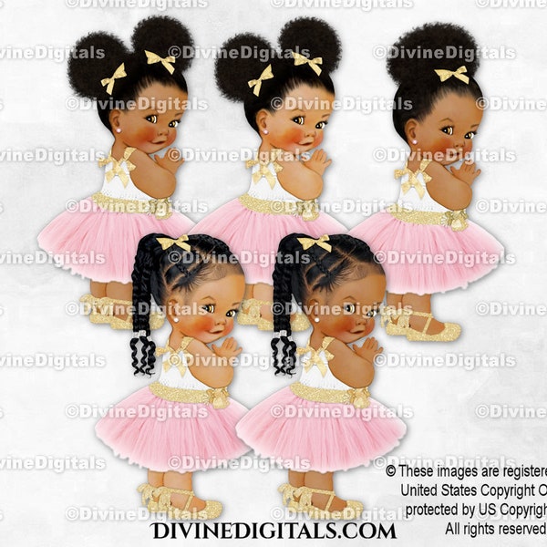 Blush Pink & Gold Tulle Party Dress Ankle Ribbon Shoe | Baby Girl Babies of Color Braids Puffs | Clipart Instant Download