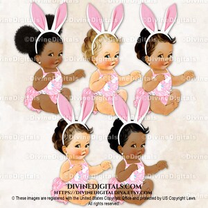 Hose mit Rüschen Rosa Osterhasenohren Frühling Babyparty Gender Reveal | Sitzendes Baby Mädchen 3 Hauttöne | Clipart Sofort Download
