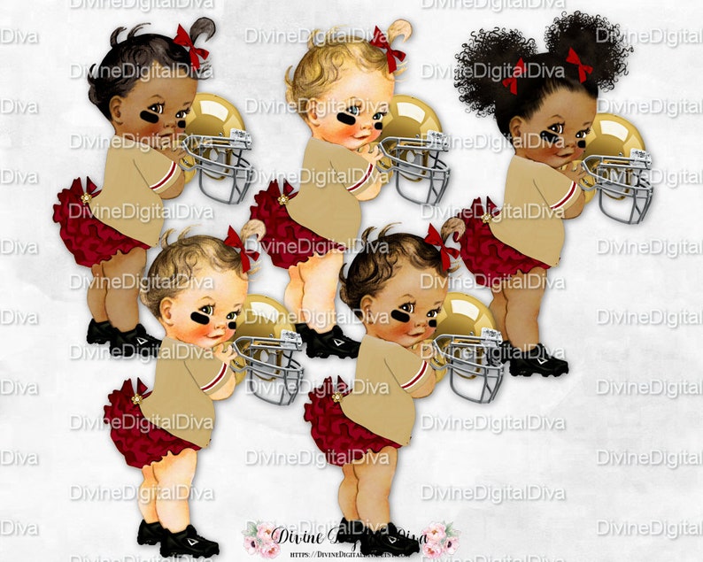 Vintage Baby Girl 3 Skin Tones Helmet Jersey Clipart Instant Download Ruffle Pants Football Maroon Beige