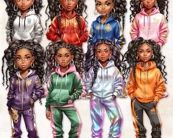 Teen Girl Clipart African American Black Girl Braids Jogger Sneakers Purple Red Green Pink Orange Iridescent Clipart Instant Download PNG CU