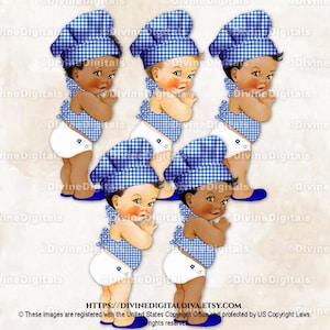 Little Chef Baker BabyQ Grillmütze Schürze Grillen Kochen königsblau weiß Gingham Karo | Baby Boy 3 Hauttöne | Clipart Sofort Download