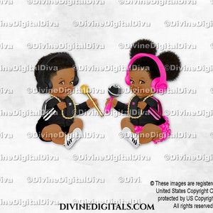 Hip Hop Schwarz Gold Kette Hot Pink Schwarz DJ Kopfhörer Mic | Baby Junge Mädchen Dunkler Ton Afroamerikaner | Geschlecht offenbaren | Clipart Sofort Download