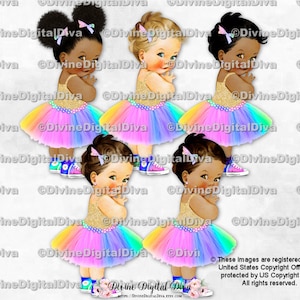 Princesa con tutú arcoíris brillante, camisa dorada con purpurina, zapatillas deportivas para niña, 3 tonos de piel, descarga instantánea de imágenes prediseñadas