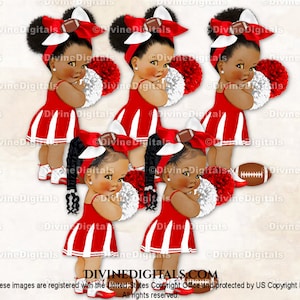 Uniforme de torcida de futebol vermelho e branco, tênis com laços, pompons, chá de bebê, aniversário, revelação de gênero, clipart PNG, download instantâneo