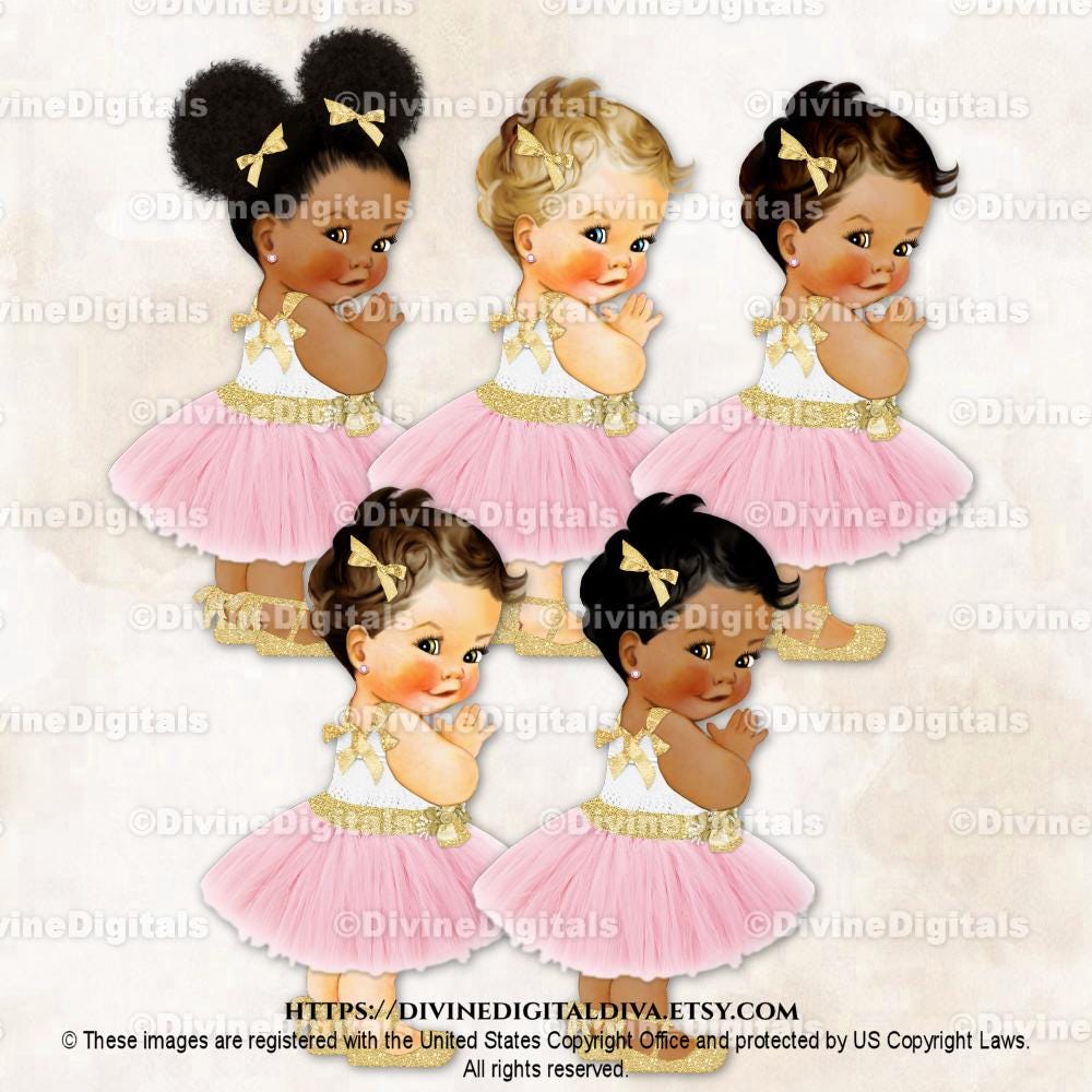 Blush Pink Tulle Party Dress Gold Glitter Accents Ankle Ribbon Shoe | Baby Girl 3 Skin Tones | Clipart Instant Download