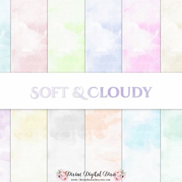 Soft Watercolor Clouds Pastel Neutral Background Digital Paper Pack | Instant Download