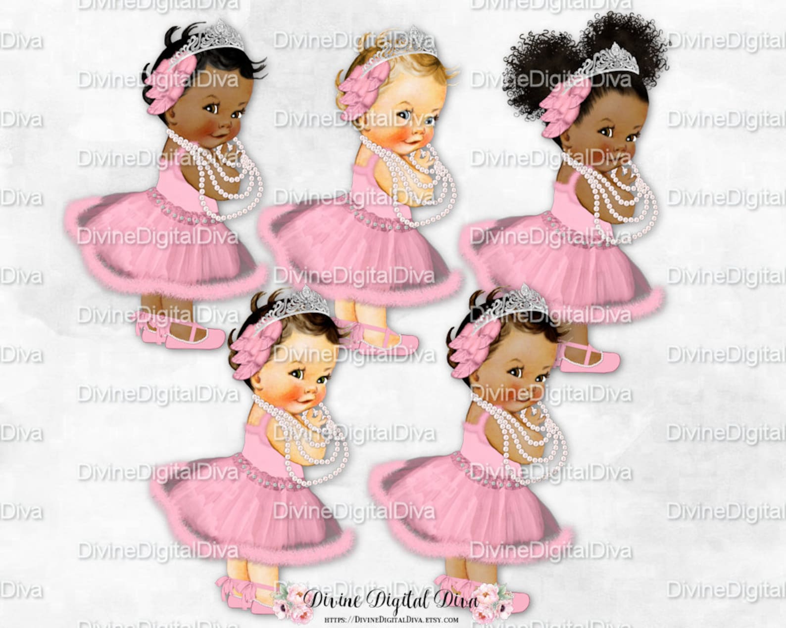 swan lake princess ballerina pink ballet shoes pearls tiara tutu | vintage baby girl 3 skin tones | clipart instant download
