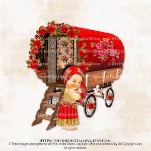 Gypsy & Wagon Red Gold Roses Skirt Scarf Coins Light Tone Baby Girl Clipart