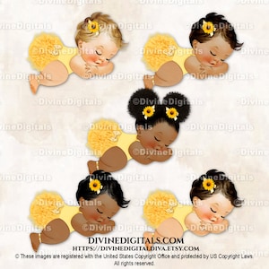 Sleeping Baby Girl Sunflower Yellow Gold | 3 Skin Tones | Baby Shower Announcement Gender Reveal Clipart Instant Download
