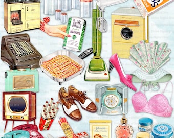 Retro Products Vintage 50s Cosmetics Lingerie Appliances Kitchen Clipart
