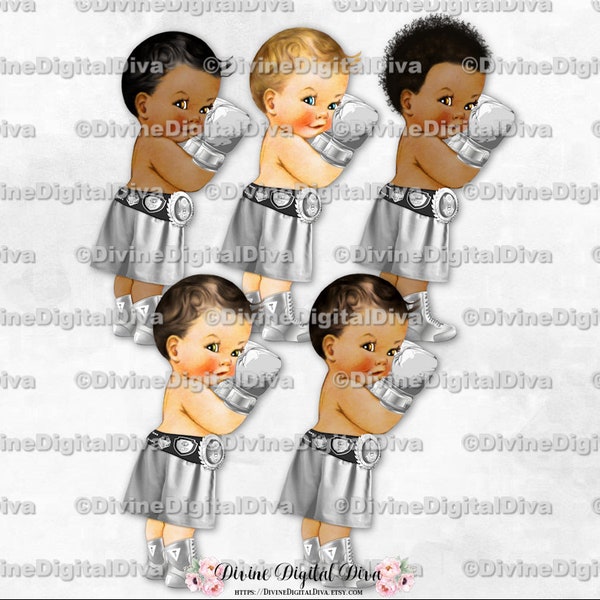 Little Prince Boxer Silver Shorts Boots Championship Belt Boxing Gloves | Baby Boy 3 Skin Tones | Clipart Instant Download