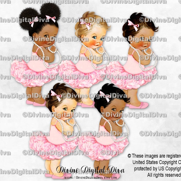 Princess Ballerina Pink Tutu Pearl Necklace | Baby Girl 3 Skin Tones Puffs | Clipart Instant Download