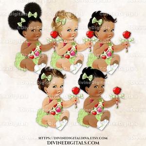 Clipart thème fraise, hochet vert, rouge et rose, portant des baskets, petite fille, baby shower aux fraises, téléchargement immédiat