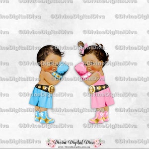 Boxer para bebé azul claro, rosa y dorado / Bebé niño y niña en tono de piel medio / Revelación de género de gemelos / Descarga instantánea de imágenes prediseñadas