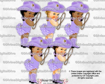Klein cowgirlmeisje met lavendelkleurige hoed, laarzen, sjaal, lasso, vlechtjes, baby meisje 3 Clipart Instant