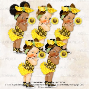 Tournesol Jaune Marron Vert Ruffle Pants Baskets Big Bow | 3 tons de peau de bébé fille | Clipart à téléchargement immédiat
