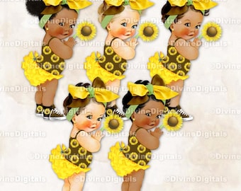 Sunflower Yellow Brown Green Ruffle Pants Big Bow Sneakers | Baby Girl 3 Skin Tones | Clipart Instant Download