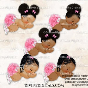 Sleeping Baby Girl Pink Ruffle Pants Bow White Sneakers | Babies of Color Puffs Braids |  African American | Clipart Instant Download